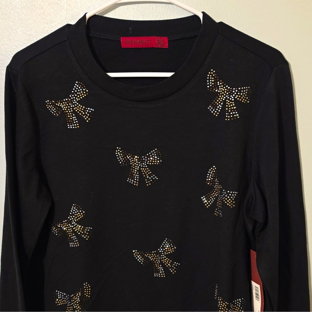 Love Scarlett Women's Black Crew Long Sleeve Rhinestone Bow Sweatshirt M #306